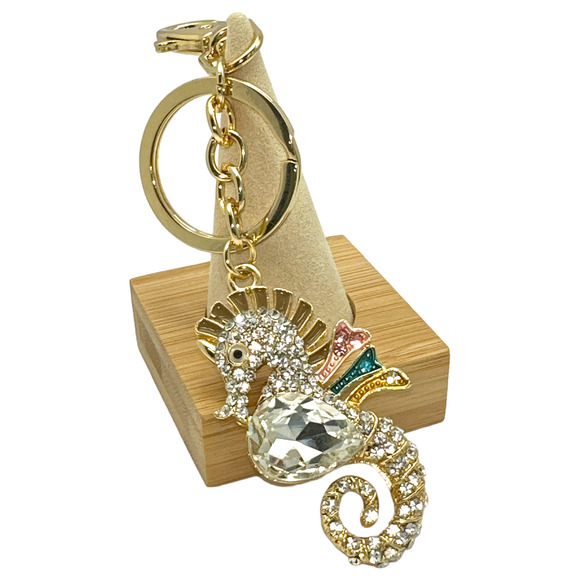 Seahorse Keychain, w/ Rhinestones Gold-tone Split Key Ring & Clip, w/ Gift Bag - Picture 3 of 4